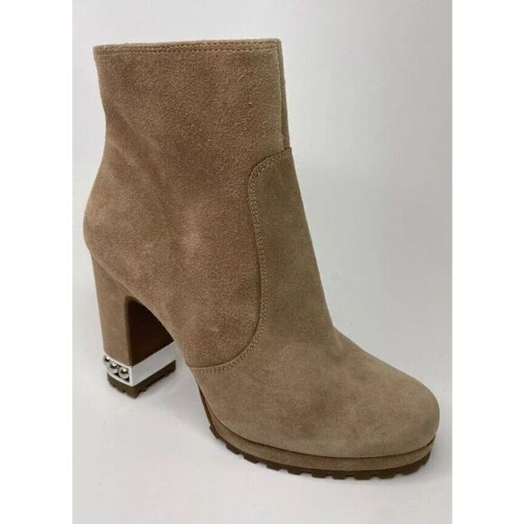 Karl Lagerfield Women Sz 6M Lenore Tan Suede Boot Lug Sole Metal Bead Heel - Picture 15 of 16